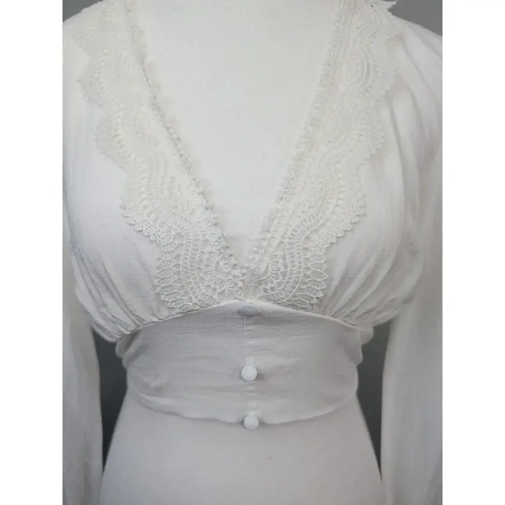 Zara Womens Crop Top Blouse Lace White XS Smocked Waist Long Sleeve Deep V-Neck